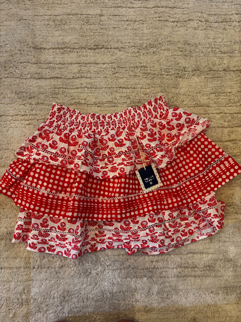 Roller Rabbit Floral Ruffle Skirt Red White Size L NWT